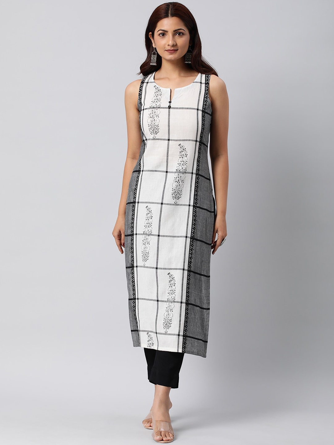 

KAMI KUBI Checked Sleeveless Pure Cotton Straight kurta, White