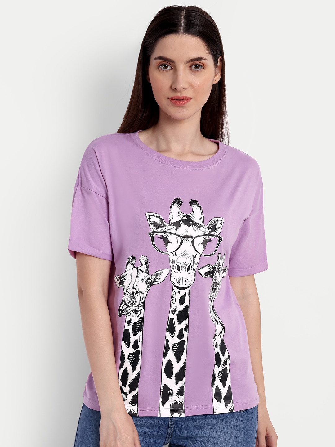 

iki chic Women Lavender Printed Raw Edge T-shirt