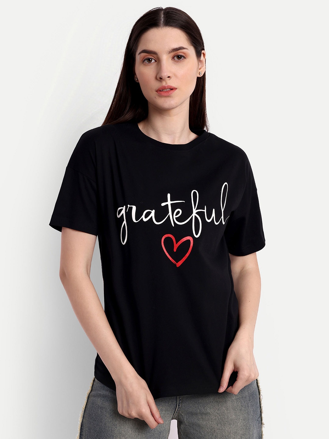 

iki chic Women Black Typography Printed T-shirt