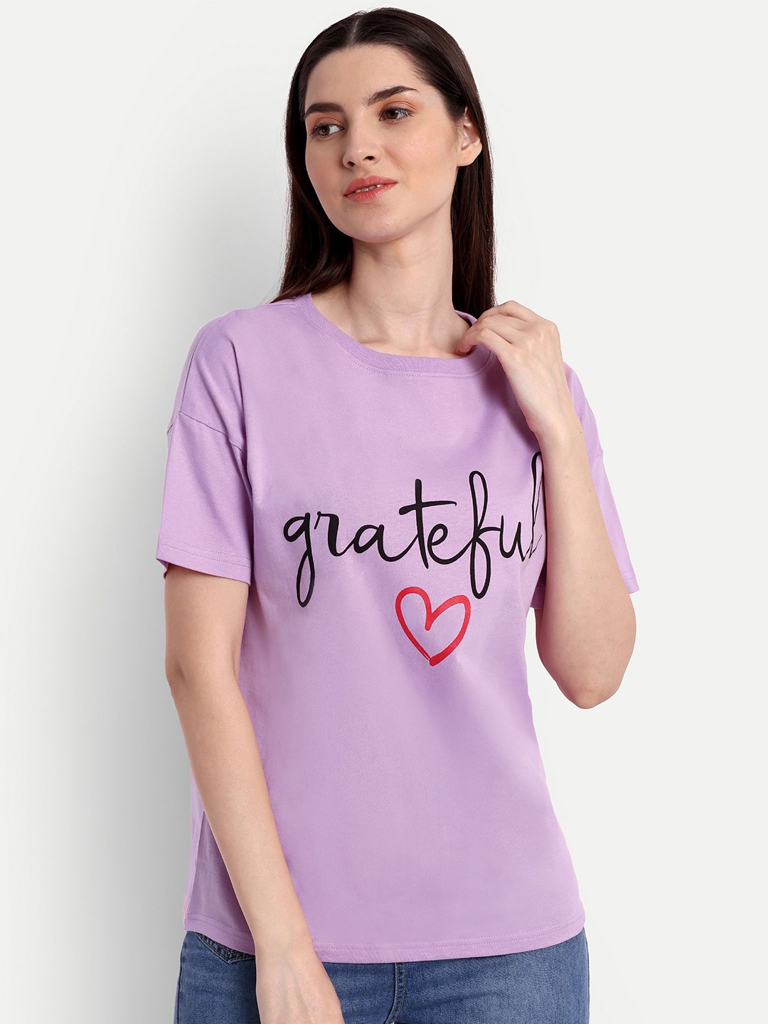 

iki chic Women Lavender Typography Printed T-shirt