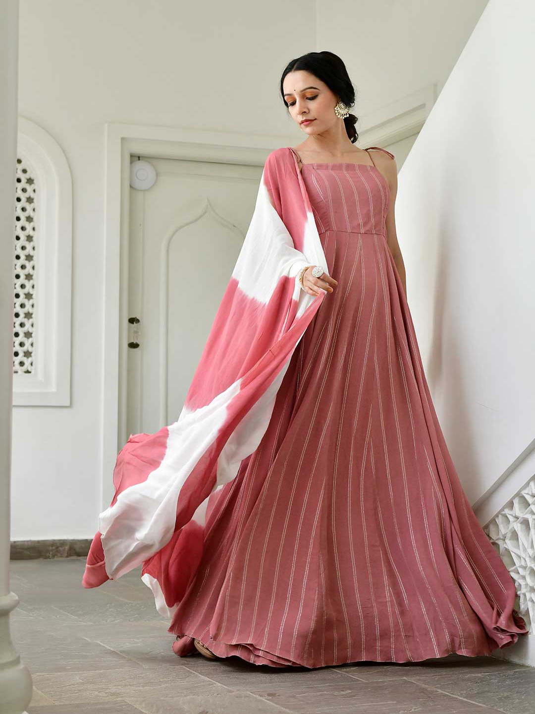 

Lirose Striped Shoulder Straps Fit & Flare Maxi Dress, Pink