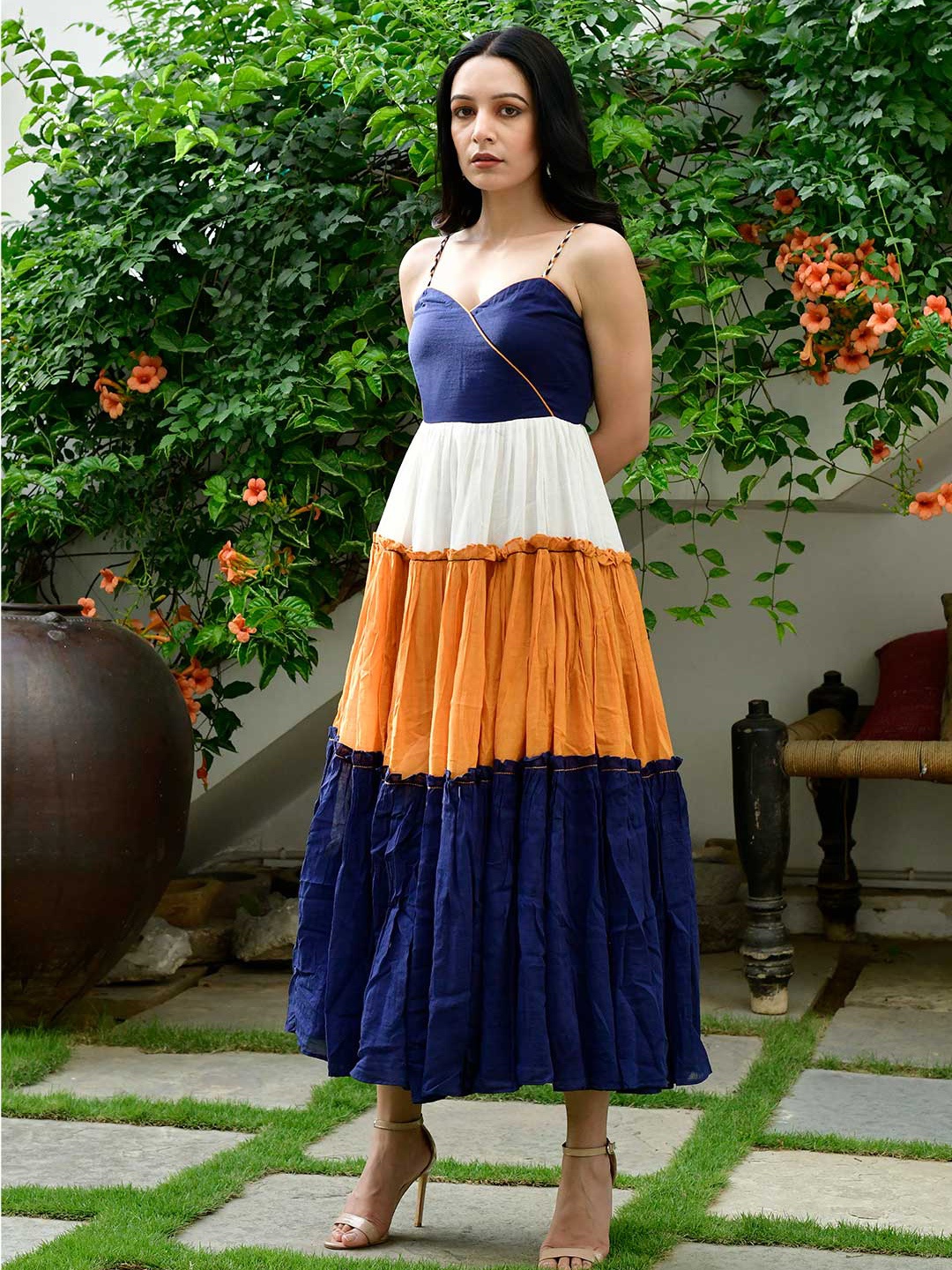 

Lirose Colourblocked Shoulder Straps Pure Cotton Empire Maxi Dress, Blue