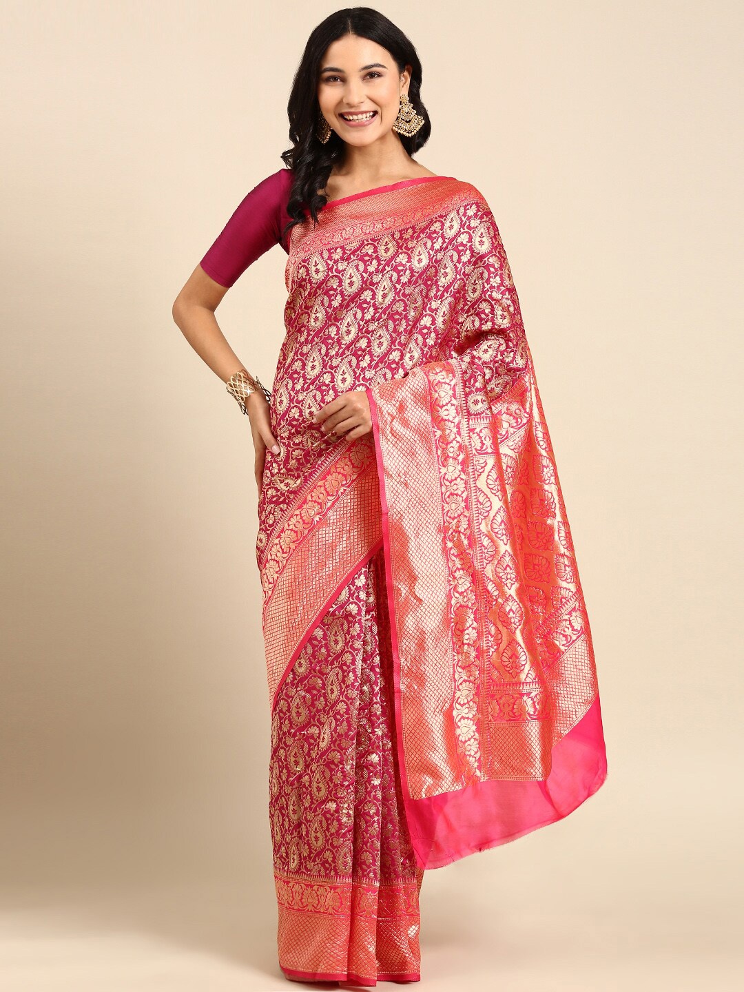 

Anouk Fuchsia & Gold-Toned Ethnic Motifs Woven Design Zari Kanjeevaram Saree