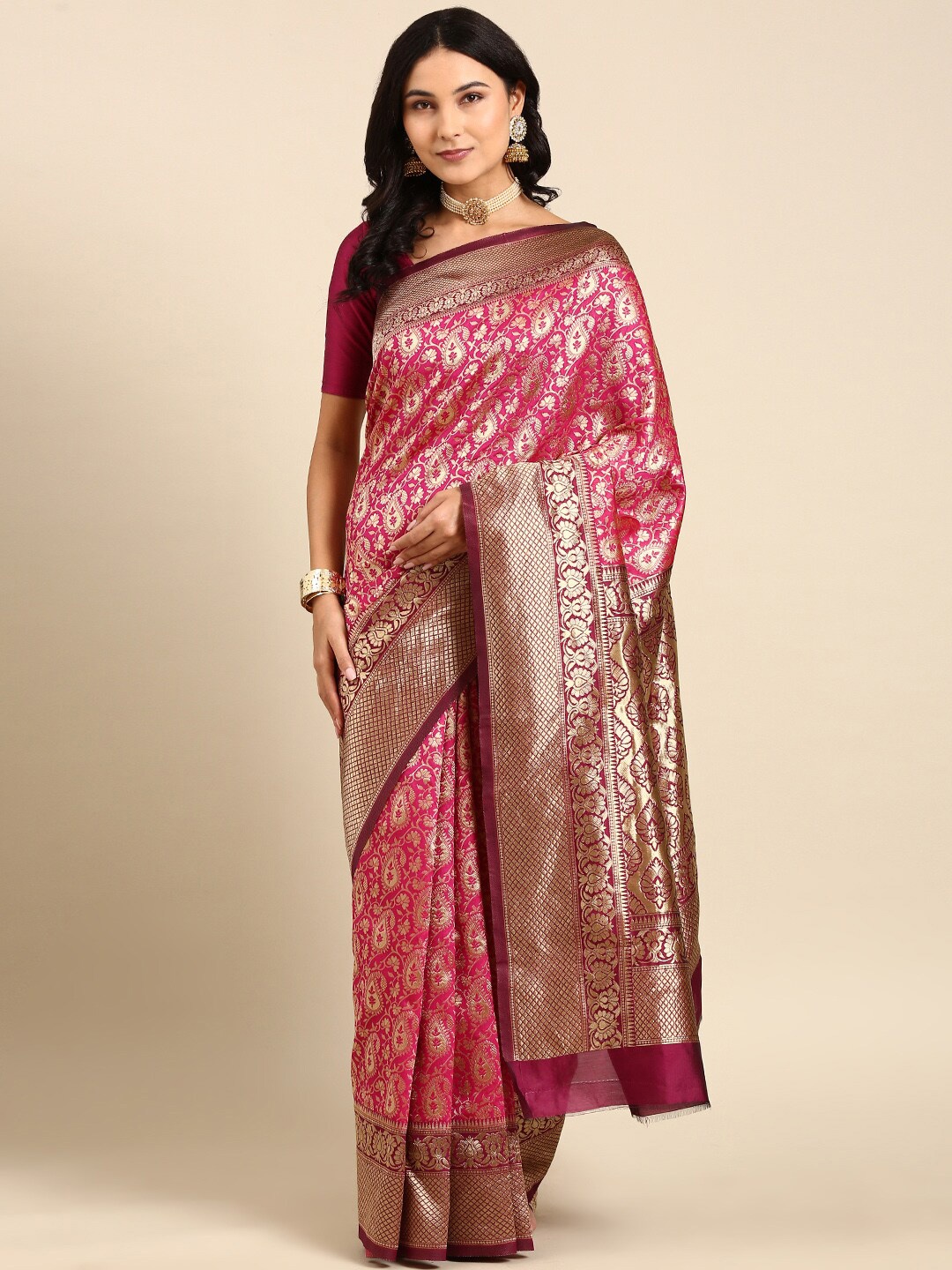 

Anouk Fuchsia & Gold-Toned Woven Design Zari Kanjeevaram Saree