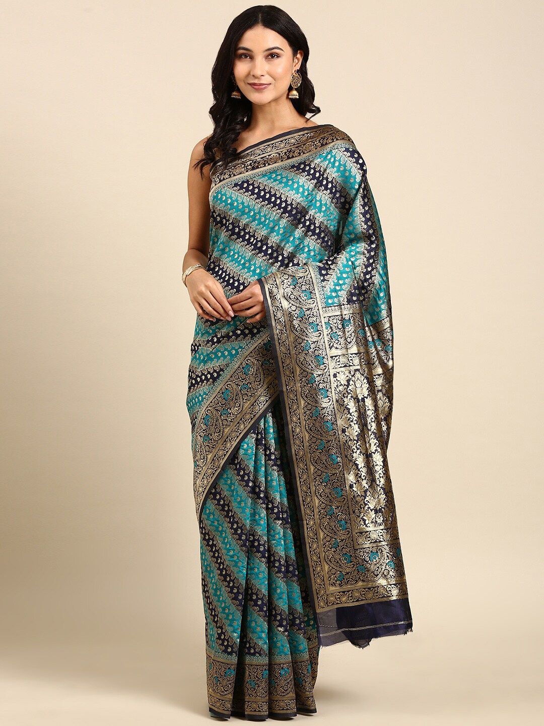 

Anouk Teal & Navy Blue Paisley Woven Design Zari Kanjeevaram Saree