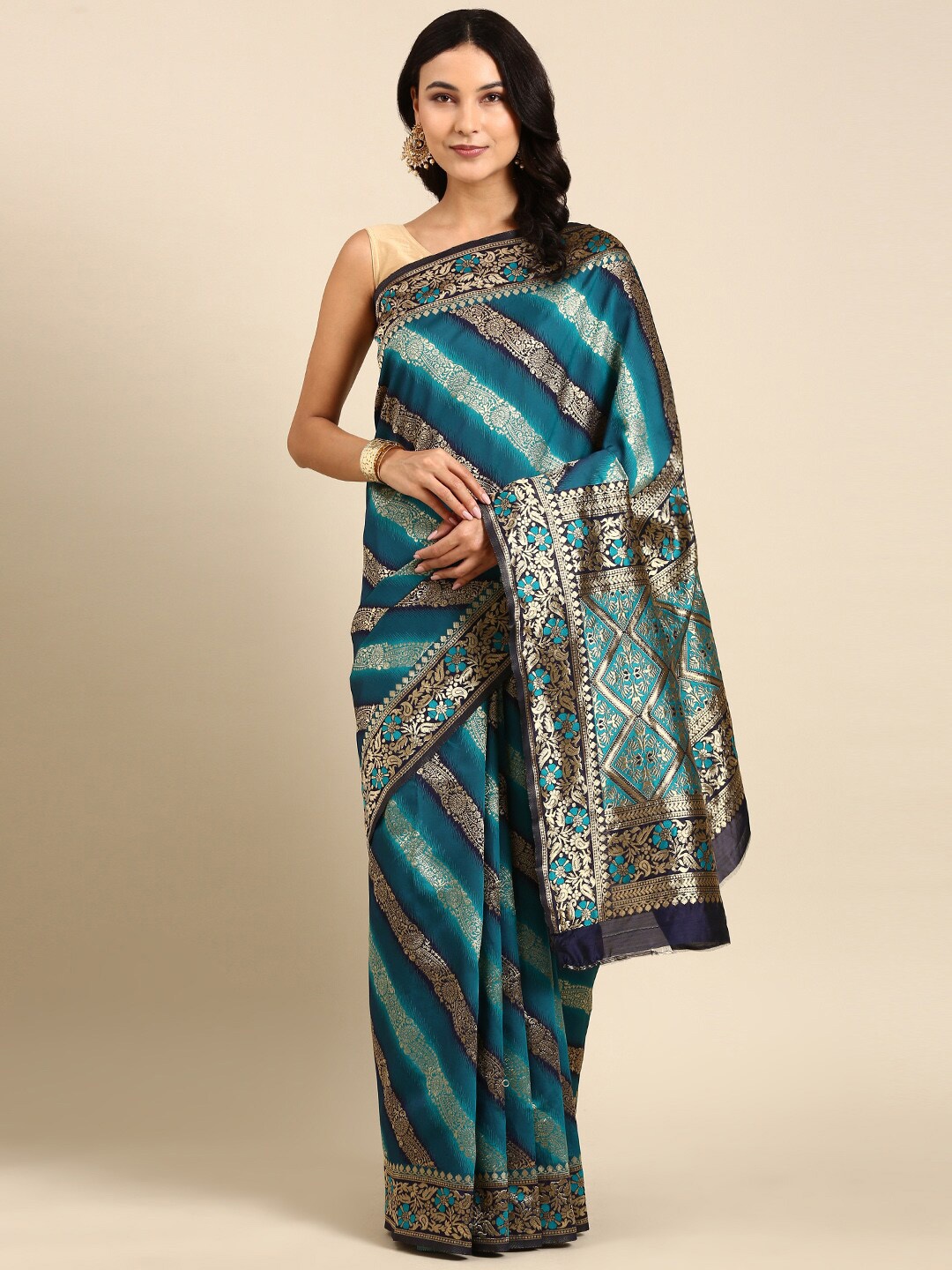 

Anouk Teal & Silver-Toned Ethnic Motifs Woven Design Kanjeevaram Saree