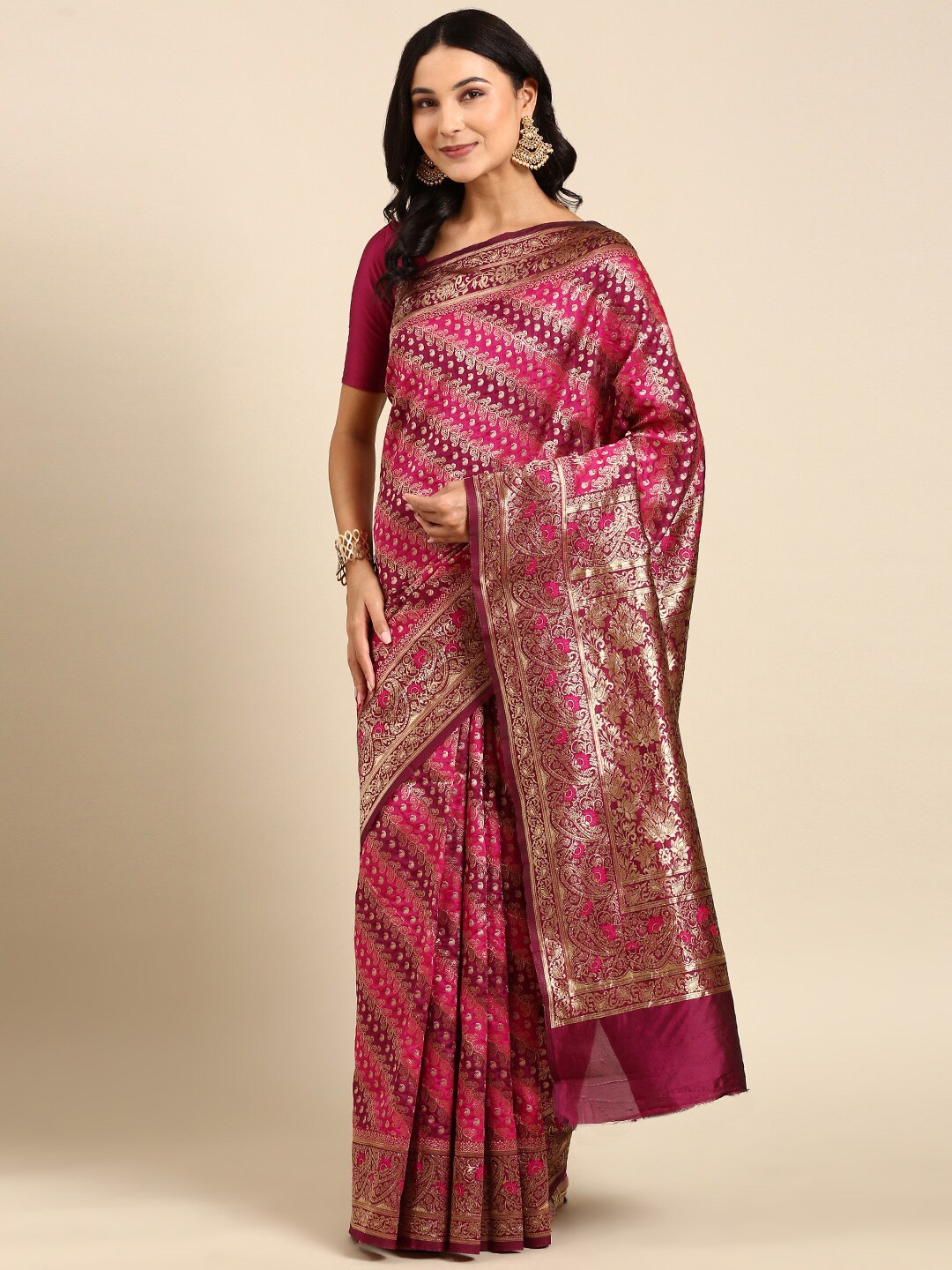 

Anouk Magenta & Gold-Toned Paisley Woven Design Zari Kanjeevaram Saree