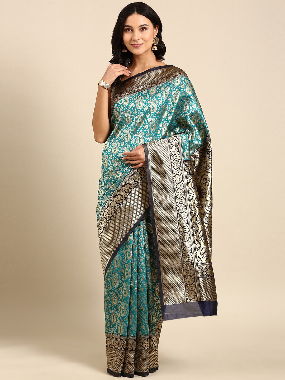 

Anouk Blue Paisley Woven Design Zari Kanjeevaram Saree