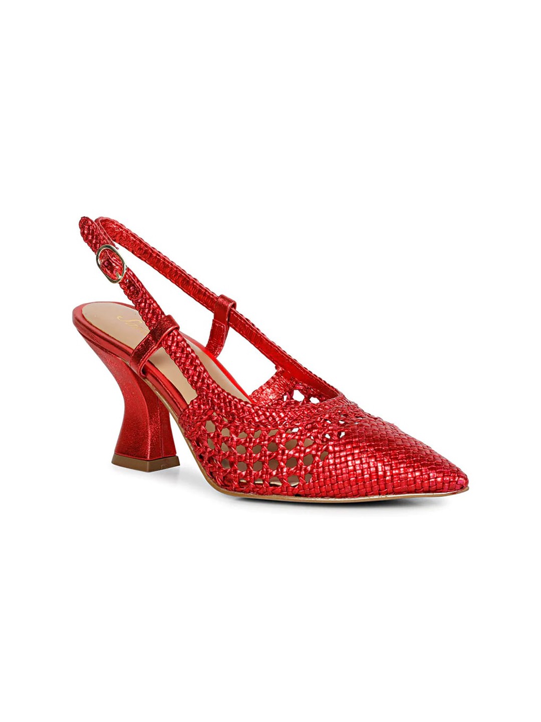 

Saint G Red Textured Leather Block Pumps with Laser Cuts
