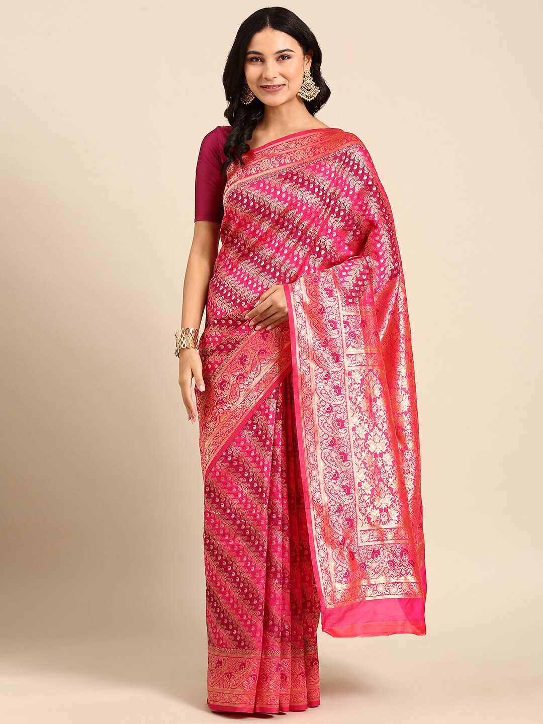 

Anouk Fuchsia & Red Ethnic Motif Woven Design Zari Kanjeevaram Saree