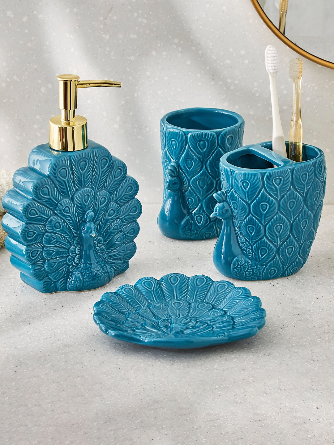 

Home Centre Blue Corsica Ceramic Carved Bathroom Tumbler