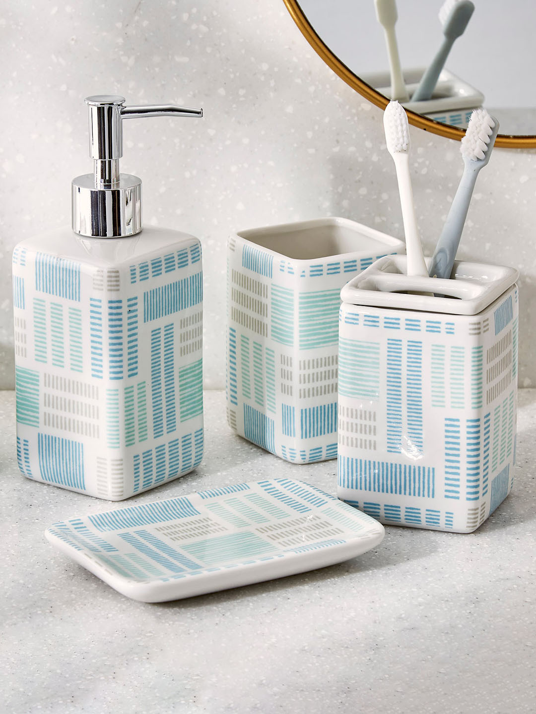 

Home Centre Mekong White & Blue Printed Ceramic Tooth Brush Holder