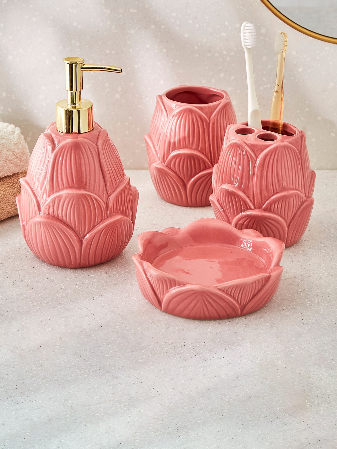 

Home Centre Pink Corsica Ceramic Floral Soap Dish Set