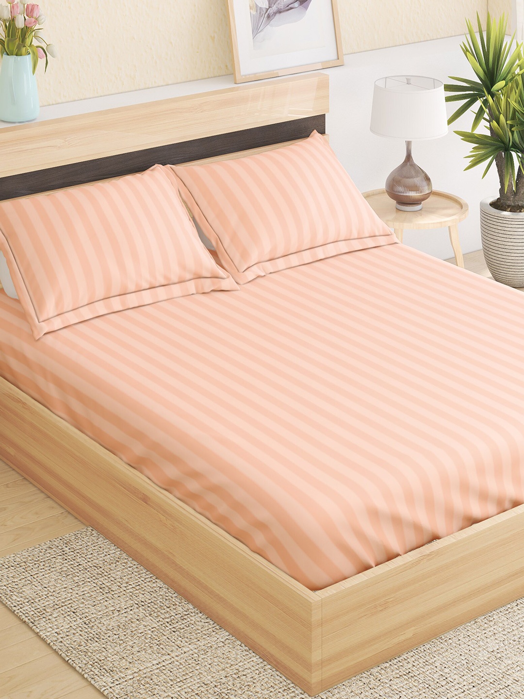 

Home Centre Pacific Juniper Peach Striped 144 TC Queen Bedsheet With 2 Pillow Covers
