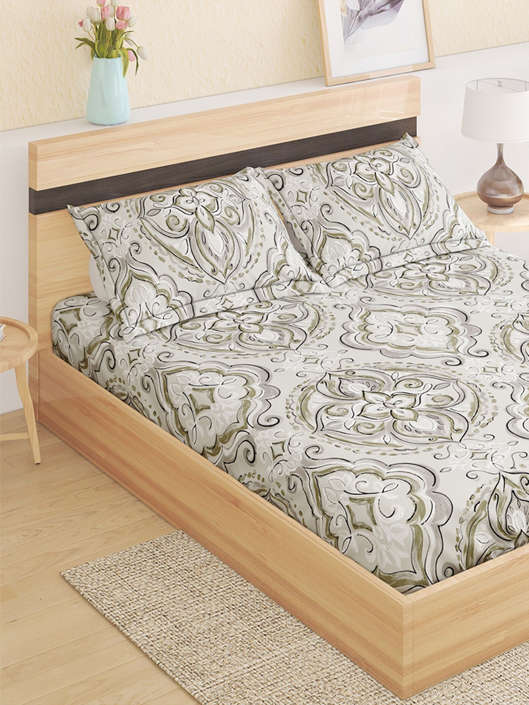 

Home Centre Pacific Juniper Grey Ethnic Motifs 144 TC King Bedsheet With 2 Pillow Covers