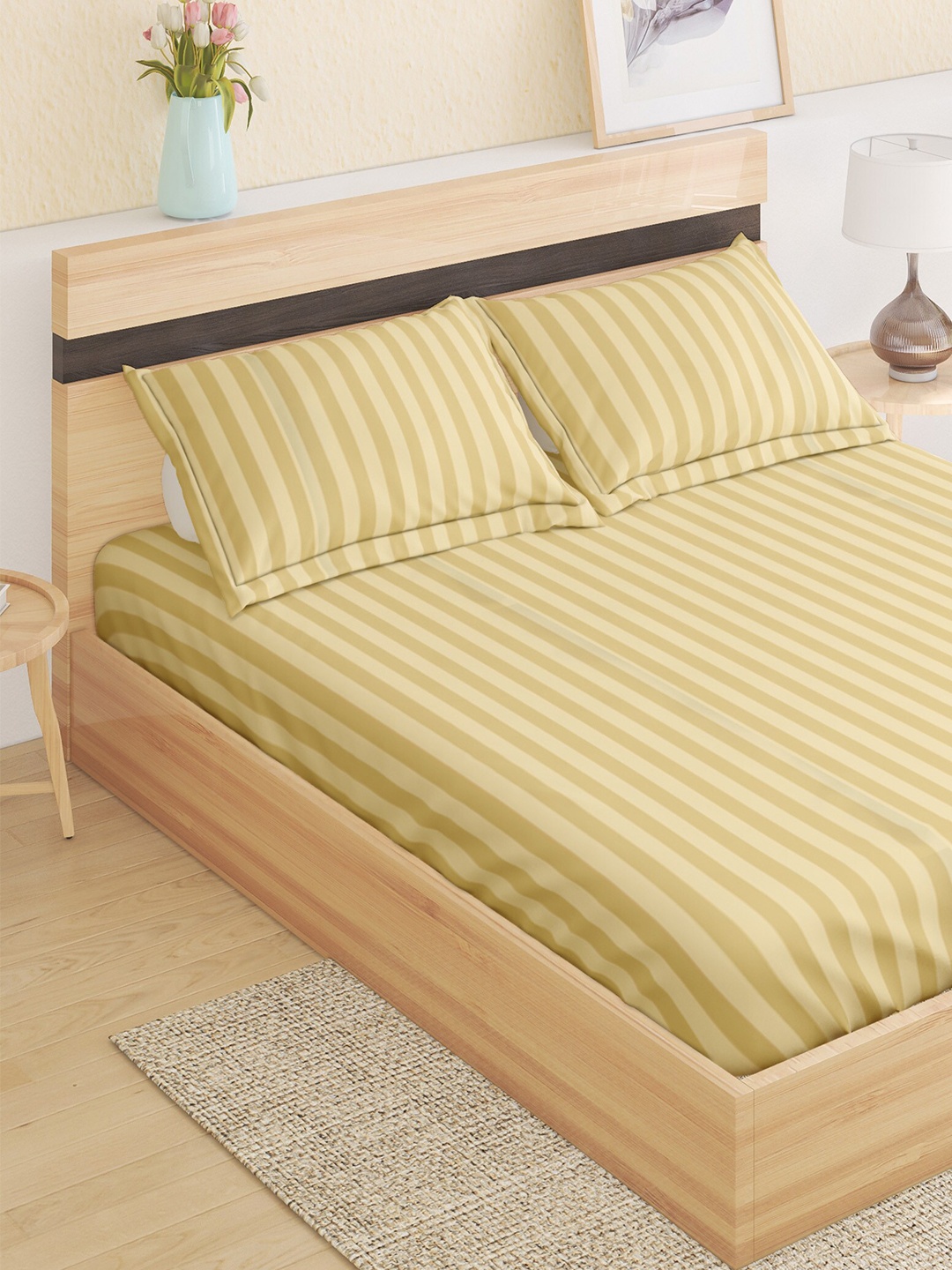 

Home Centre Pacific Juniper Yellow Striped 144 TC Queen Bedsheet With 2 Pillow Covers