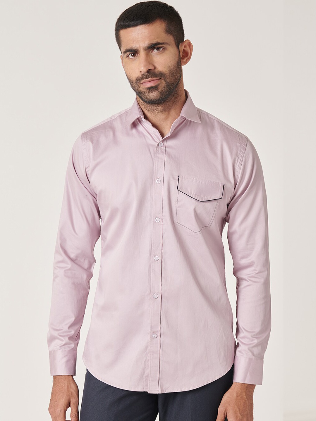 

MR BUTTON Spread Collar Long Sleeves Slim Fit Casual Cotton Satin Shirt, Pink