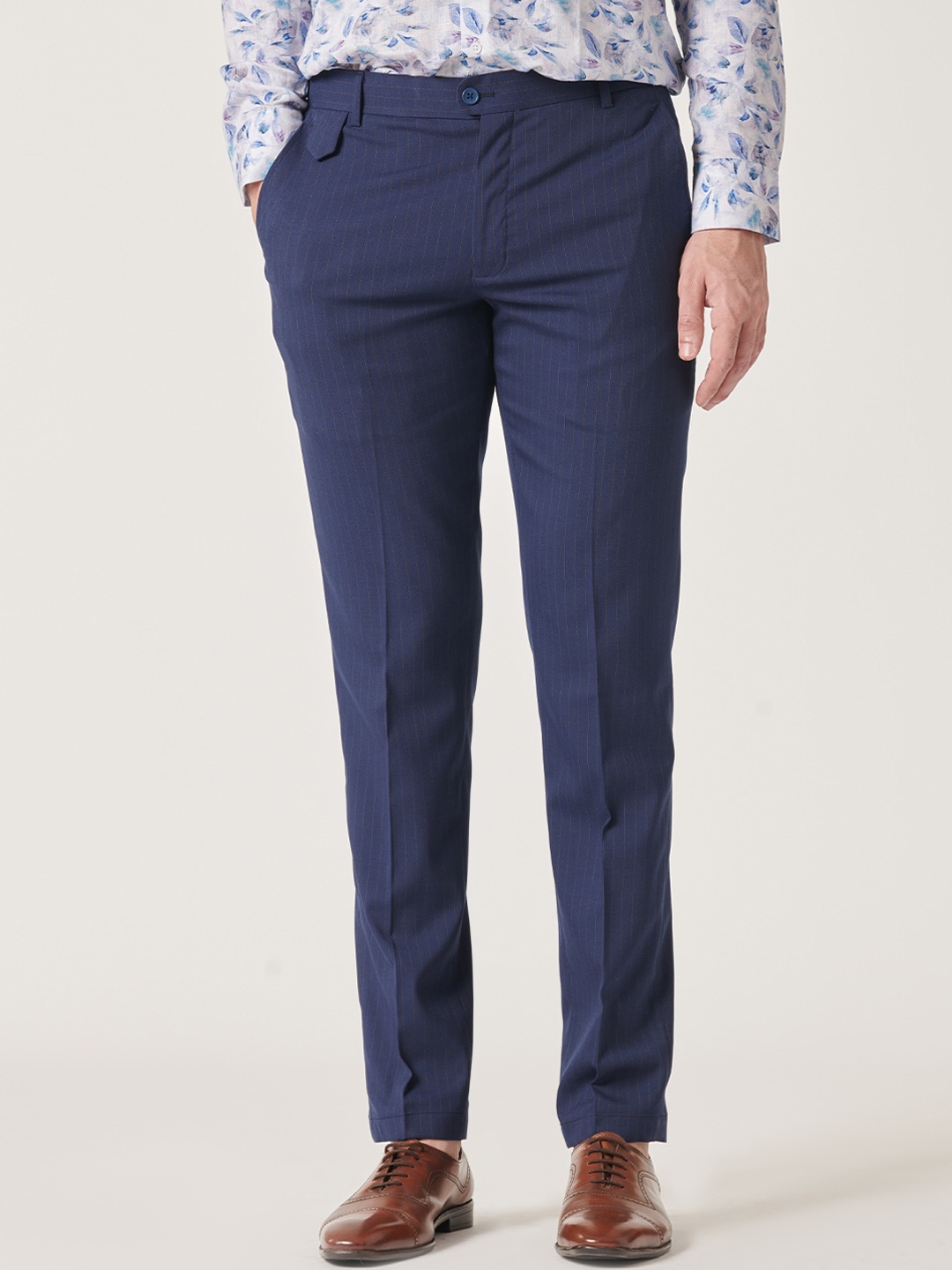 

MR BUTTON Men Slim Fit Formal Trousers, Blue