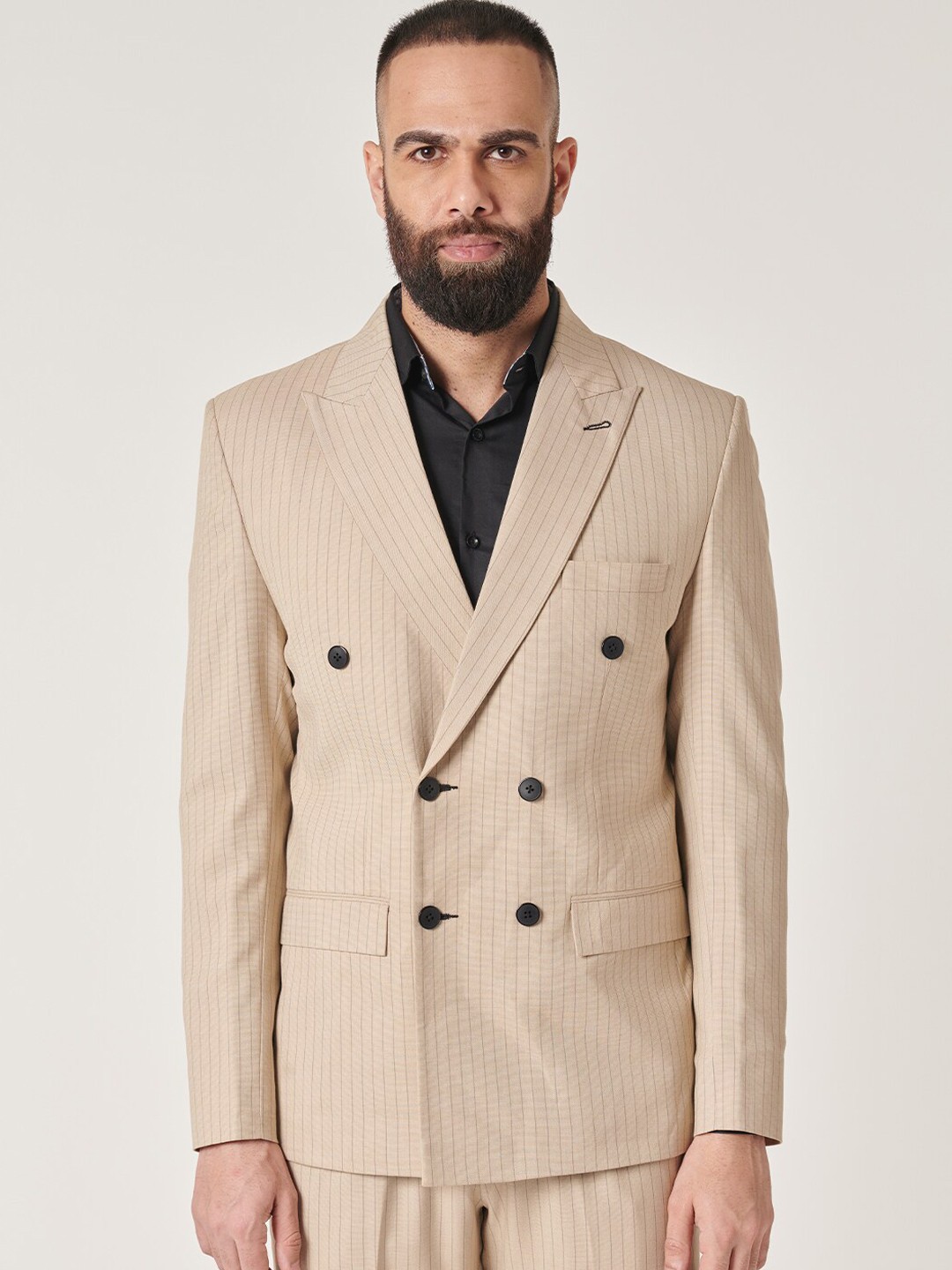 

MR BUTTON Striped Slim-Fit Double Breasted Formal Blazer, Beige