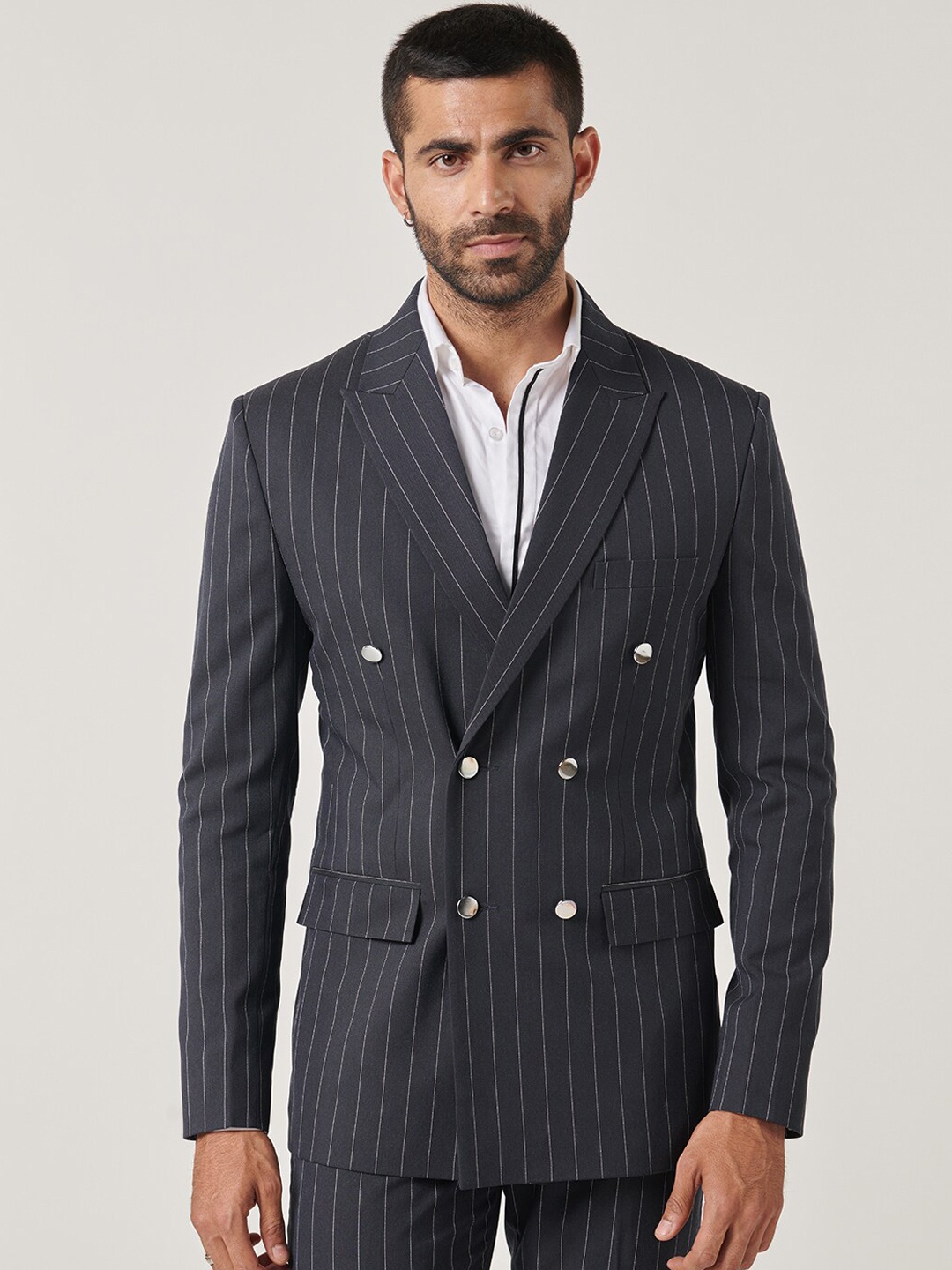 

MR BUTTON Striped Slim-Fit Double-Breasted Blazers, Black