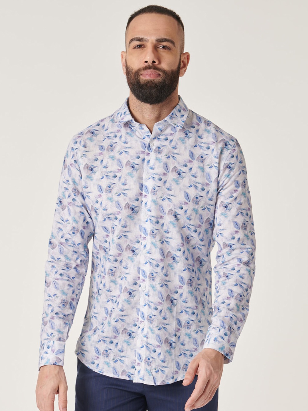 

MR BUTTON Spread Collar Long Sleeves Slim Fit Floral Printed Casual Cotton Linen Shirt, Off white