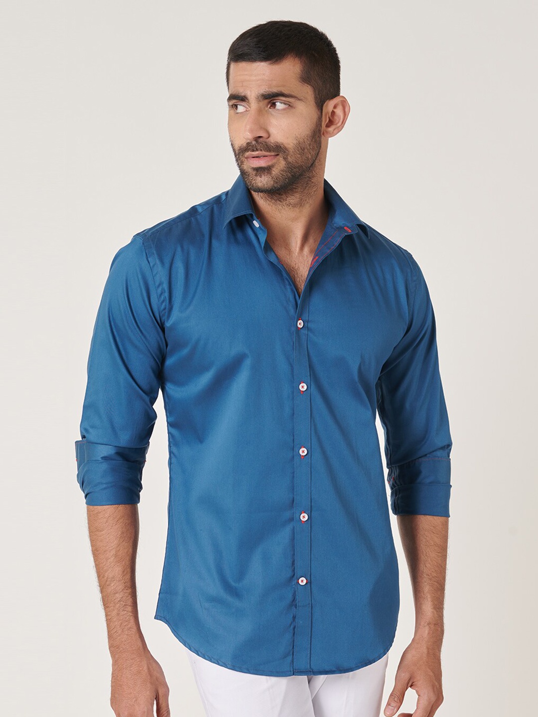 

MR BUTTON Spread Collar Long Sleeves Slim Fit Casual Cotton Satin Shirt, Blue