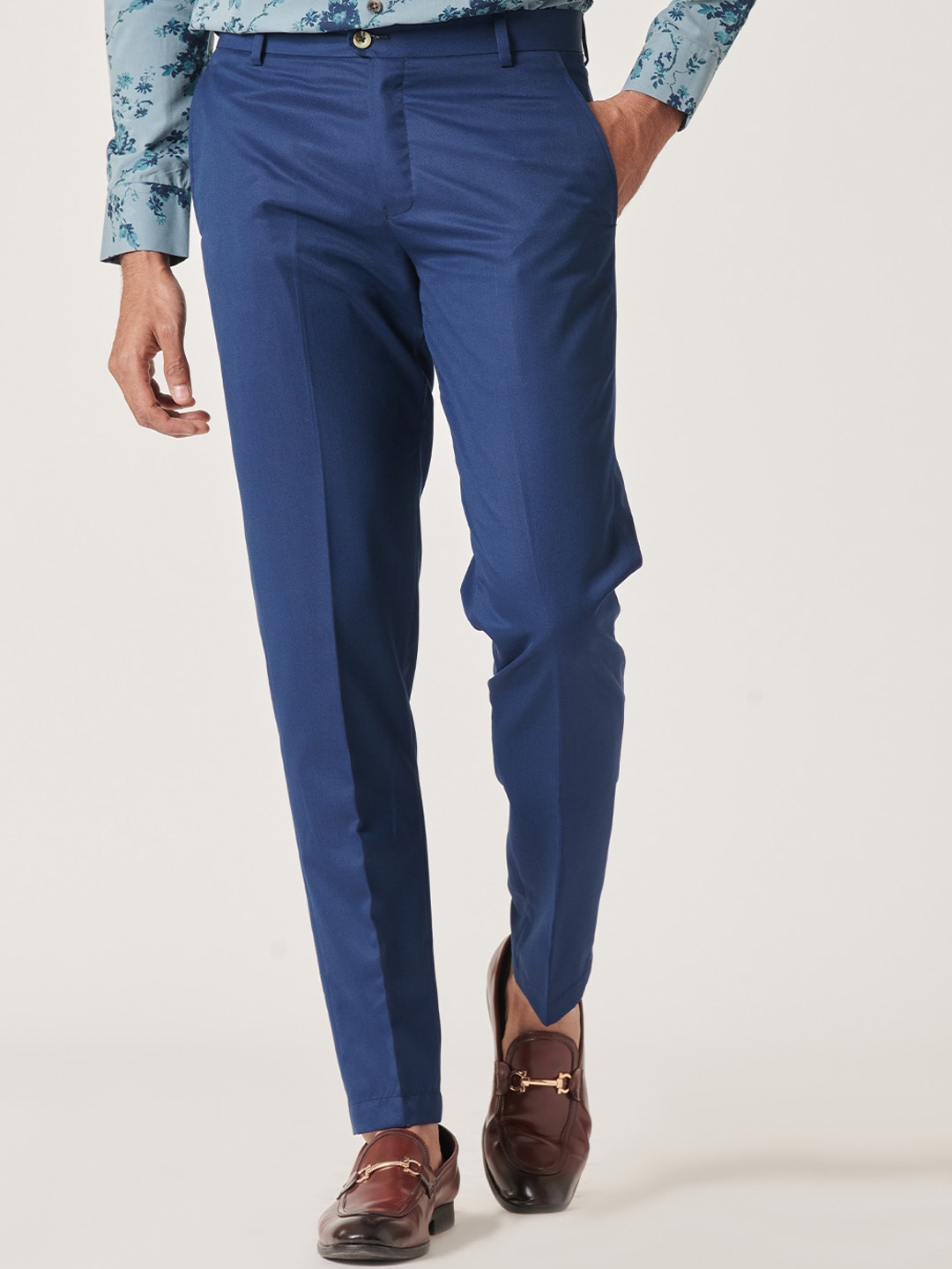 

MR BUTTON Men Mid-Rise Slim Fit Trousers, Blue
