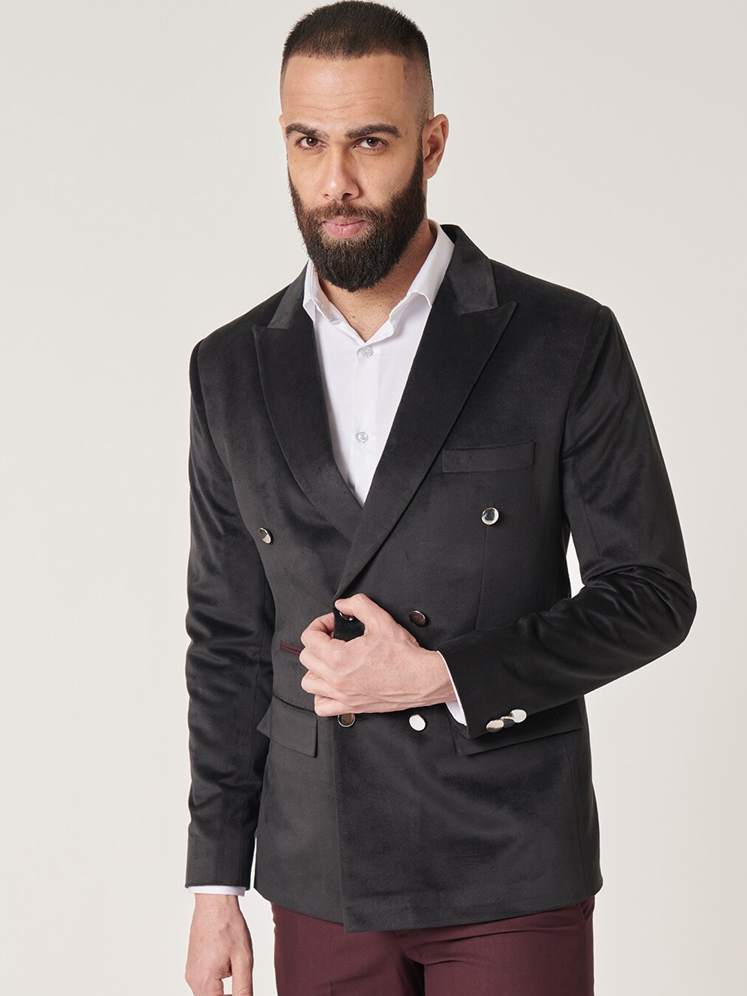 

MR BUTTON Slim-Fit Peaked Lapel Collar Double Breasted Blazer, Black