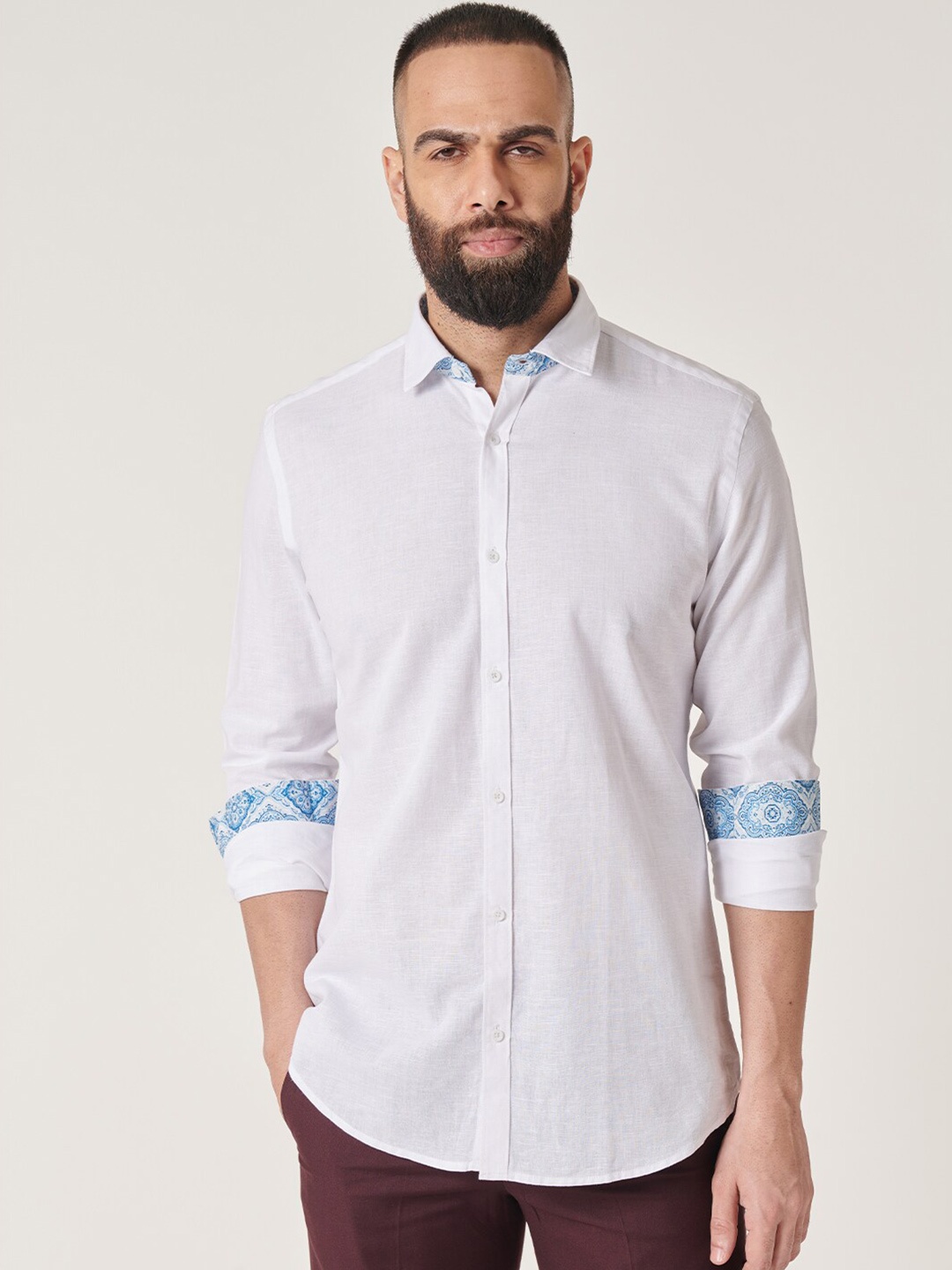 

MR BUTTON Spread Collar Long Sleeves Slim Fit Casual Cotton Linen Shirt, White