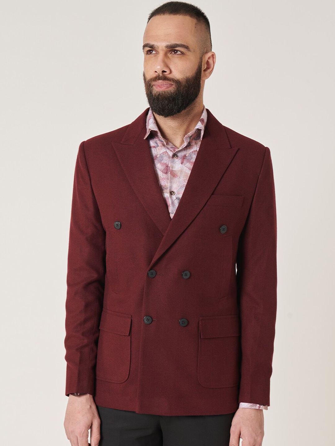 

MR BUTTON Double Breasted Notch Lapel Collar Formal Blazer, Burgundy