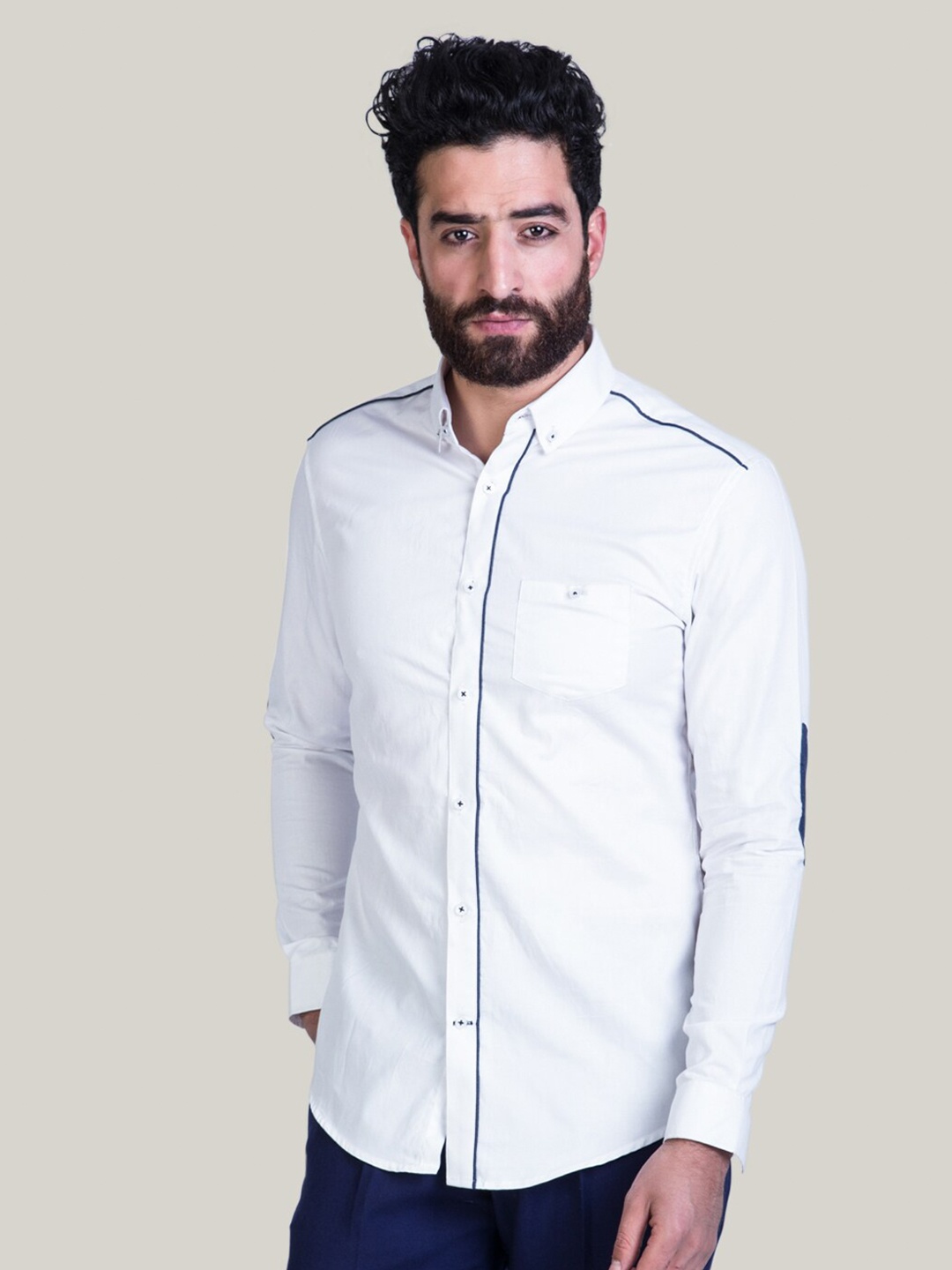 

MR BUTTON Button-Down Collar Long Sleeves Slim Fit Casual Cotton Satin Shirt, White