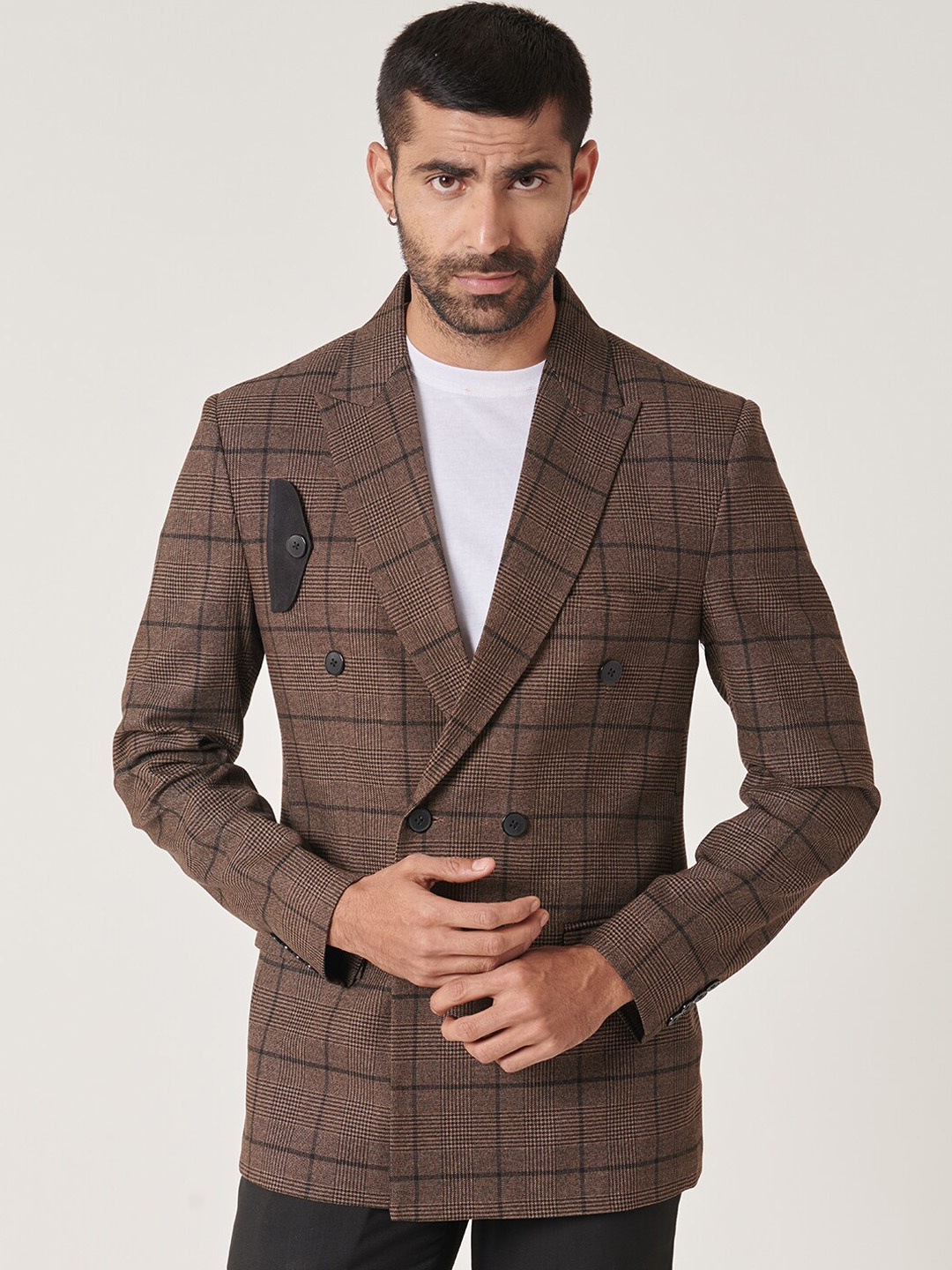 

MR BUTTON Men Checked Slim Fit Double-Breasted Blazer, Brown