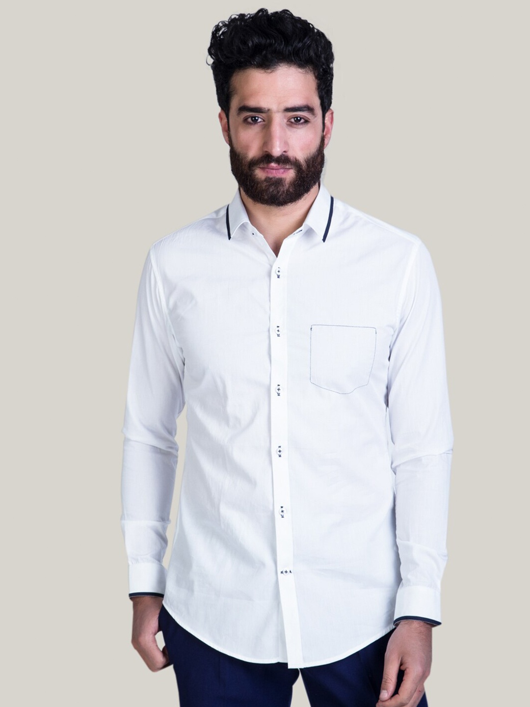 

MR BUTTON Spread Collar Long Sleeves Slim Fit Casual Cotton Shirt, White