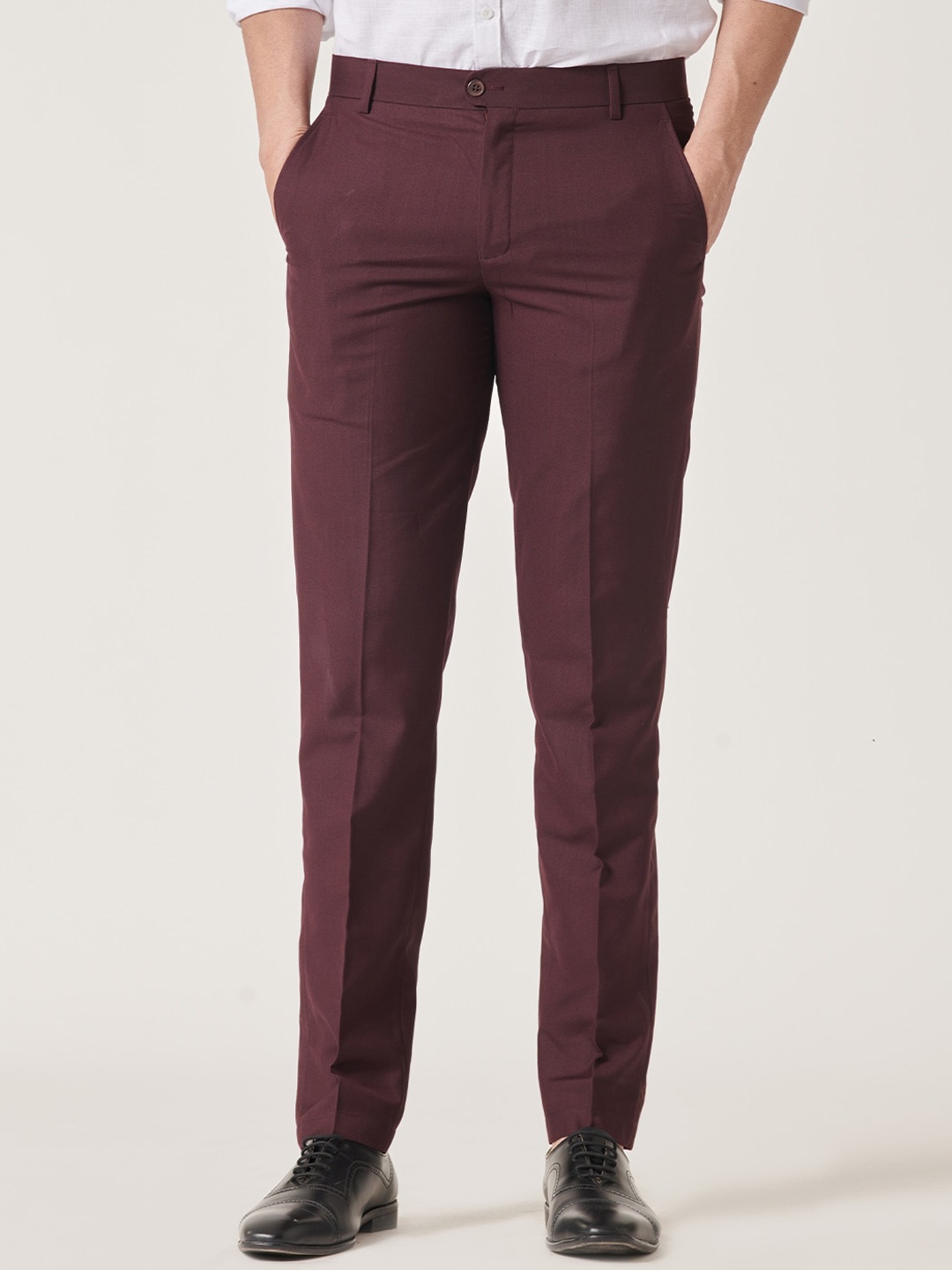 

MR BUTTON Men Mid-Rise Slim Fit Trousers, Burgundy