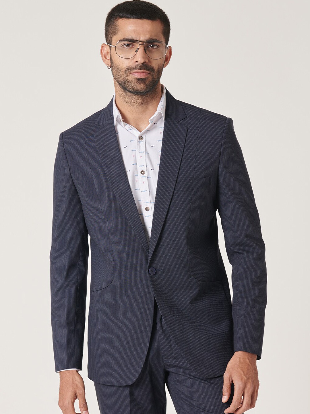 

MR BUTTON Striped Single-Breasted Blazer, Navy blue