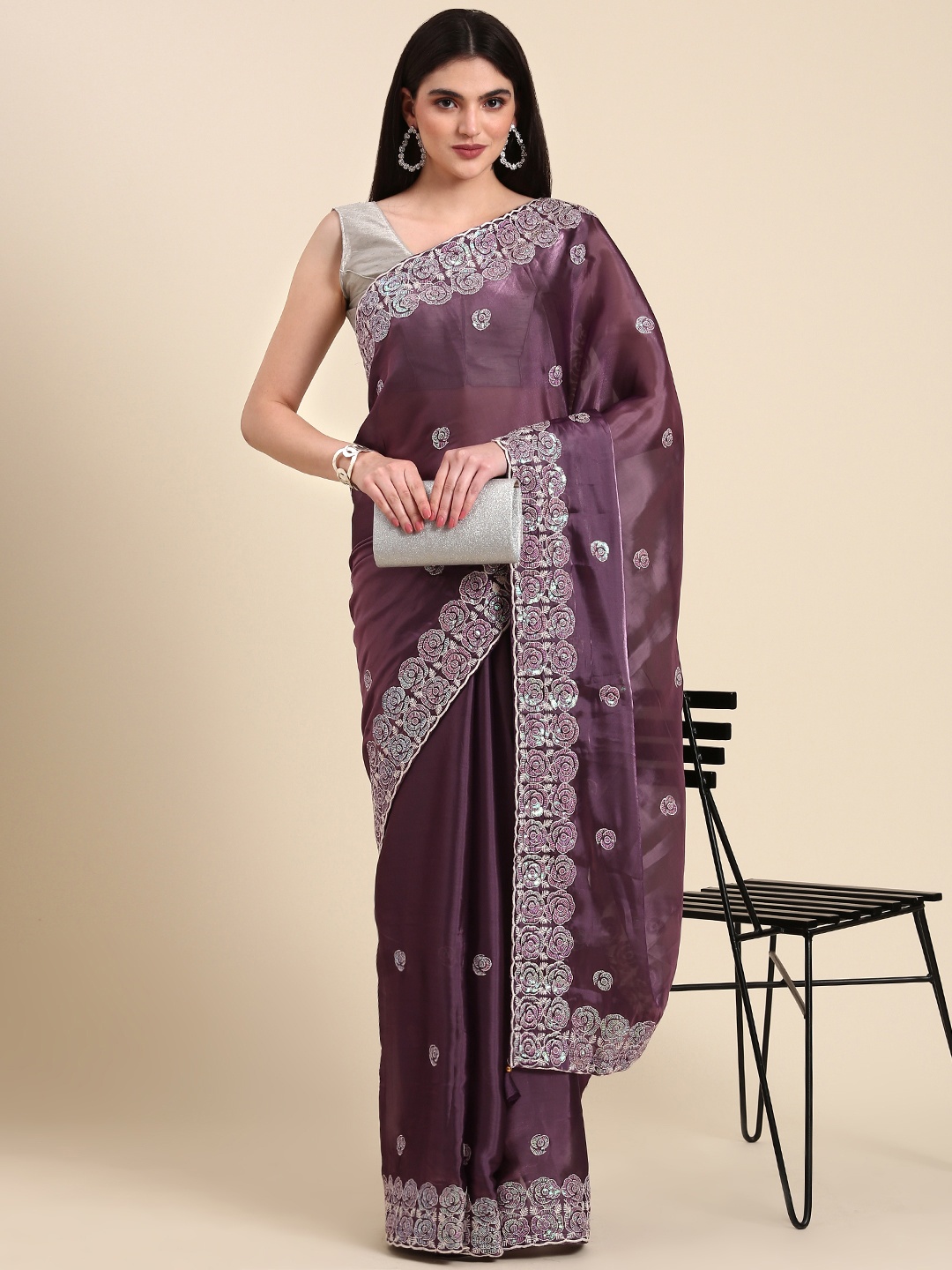 

Anouk Ethnic Motifs Sequined Organza Saree, Purple