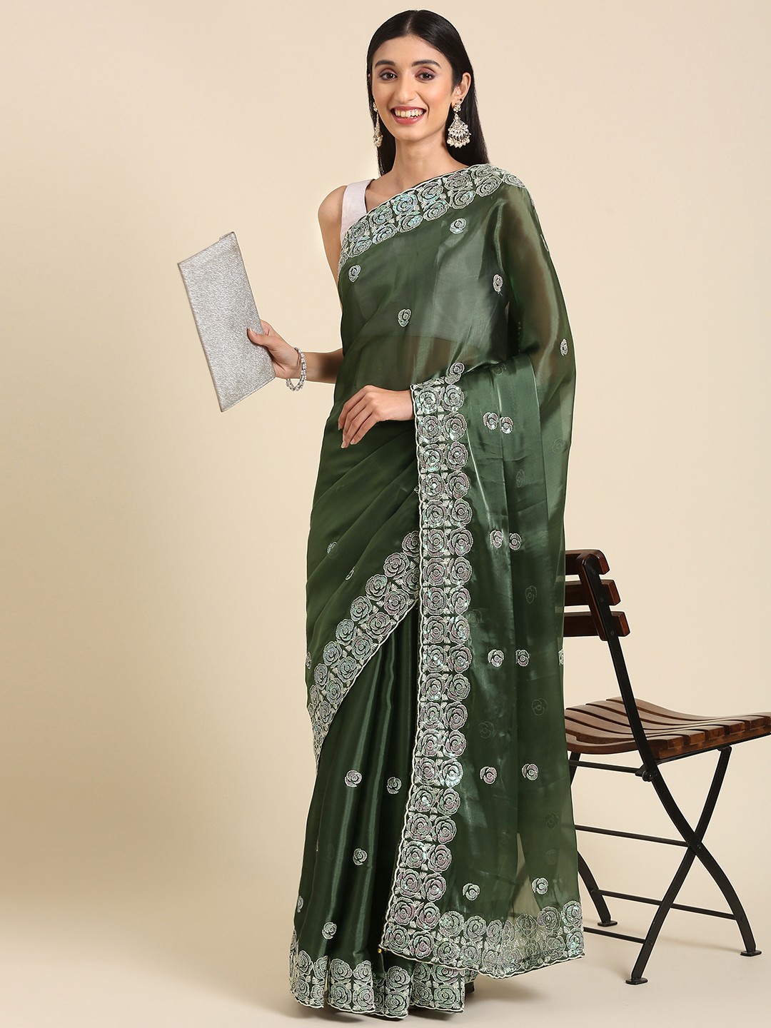 

Anouk Ethnic Motifs Embroidered Organza Saree, Green