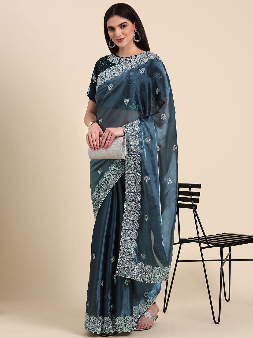 

Anouk Floral Sequinned Organza Saree, Blue