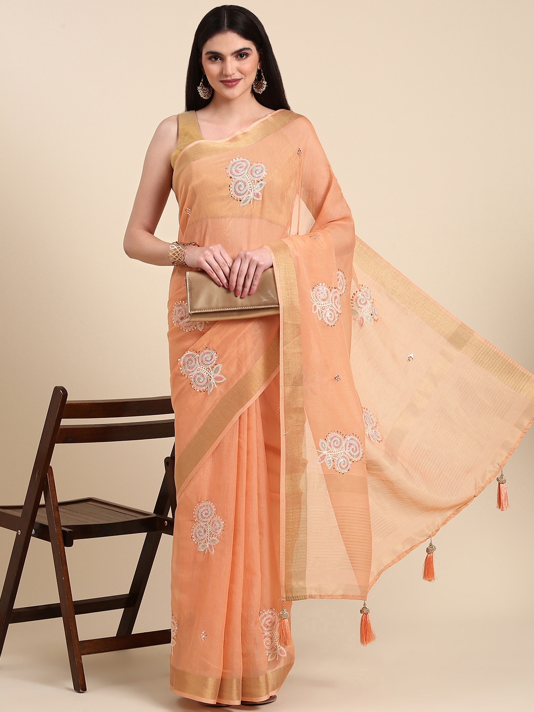 

Anouk Ethnic Motifs Sequinned Silk Blend Saree, Peach