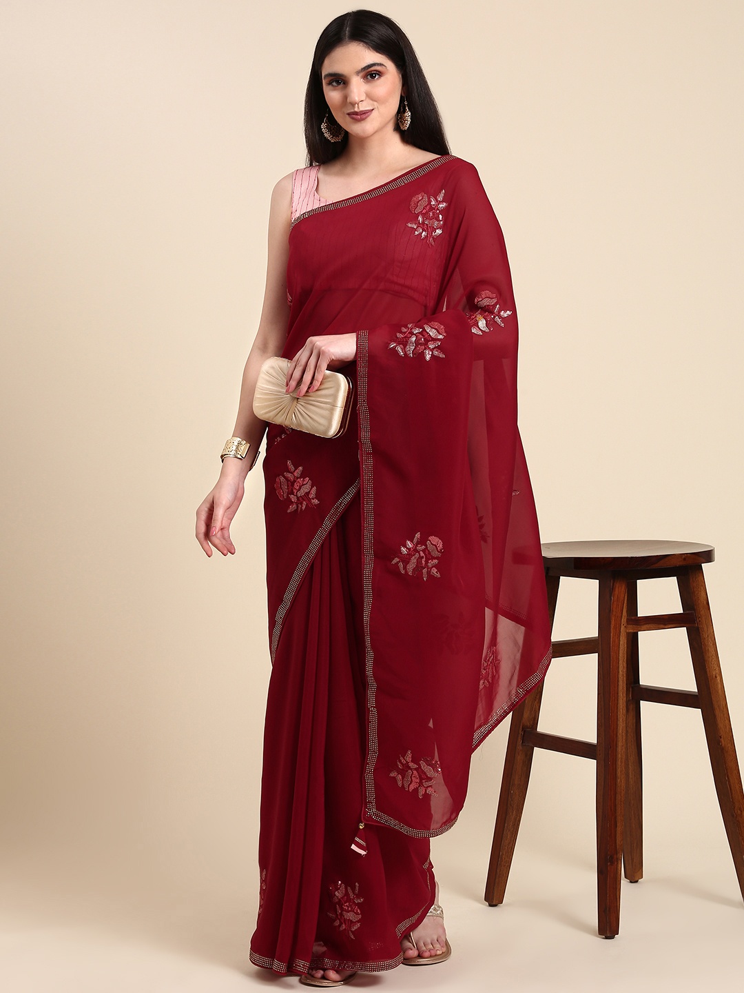 

Anouk Floral Sequinned Poly Georgette Saree, Red