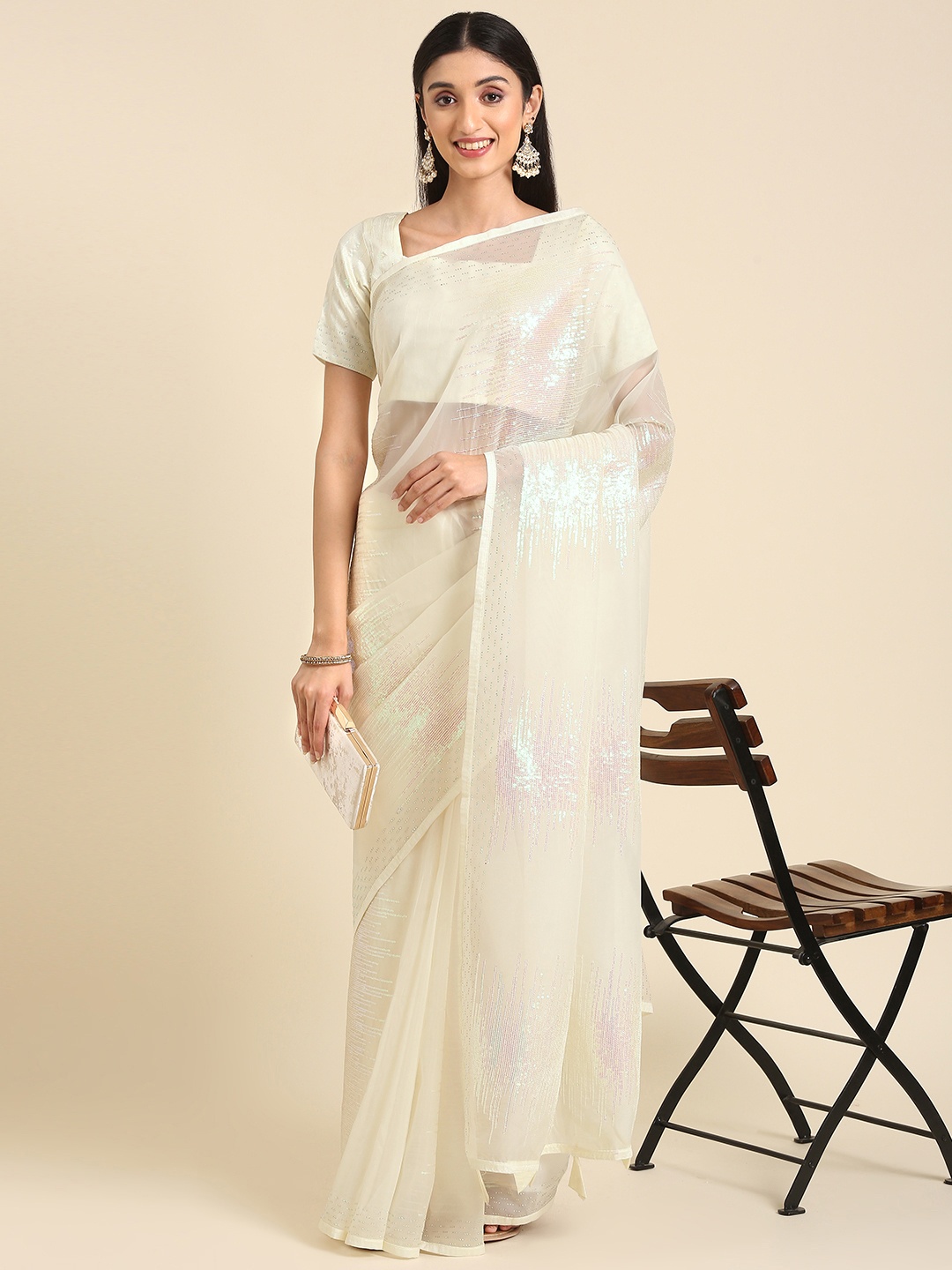 

Anouk Embellished Stones-Studded Saree, Off white