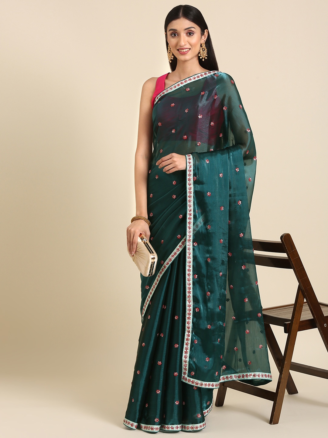

Anouk Floral Embroidered Sequinned Saree, Blue