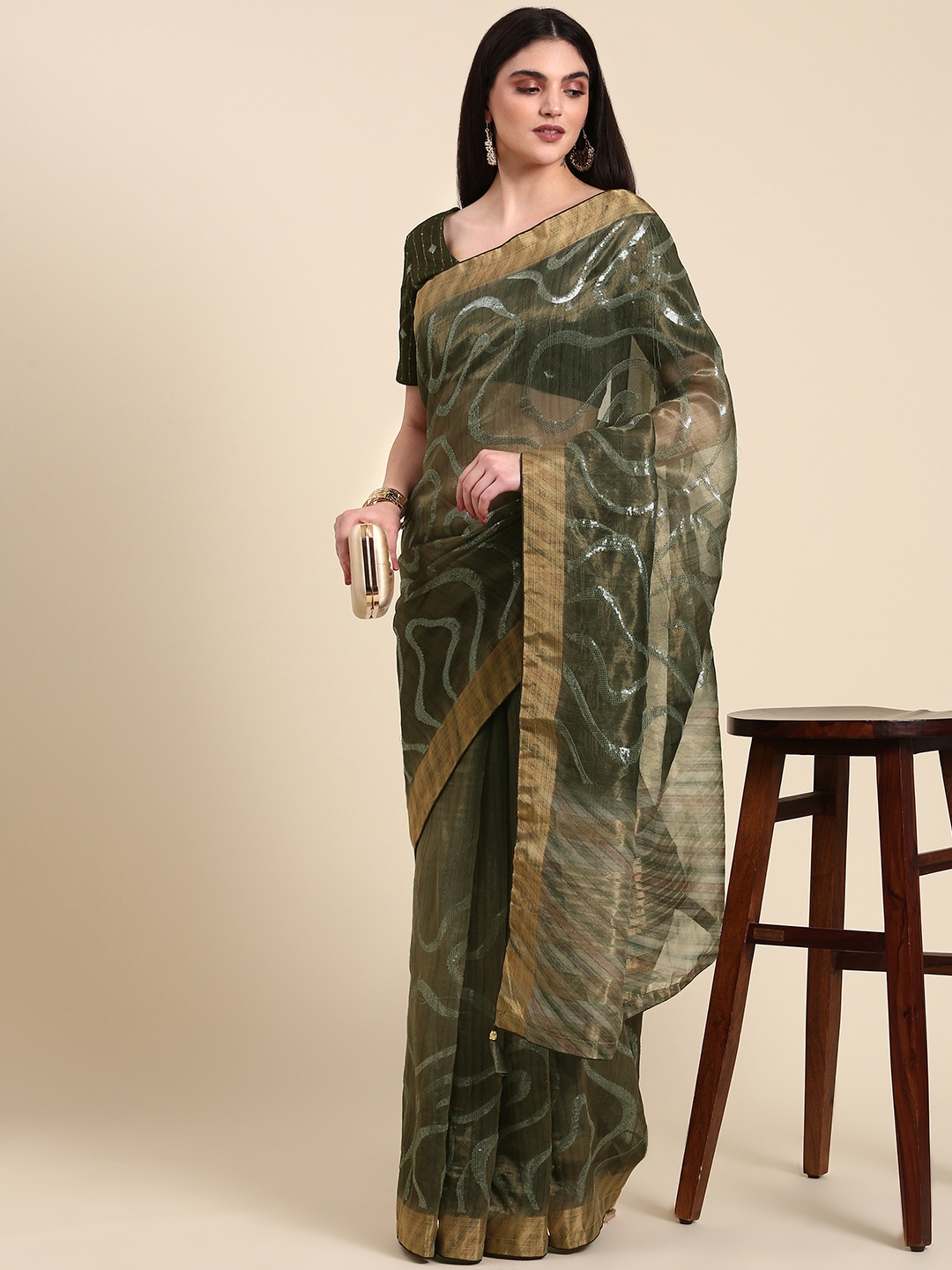 

Anouk Sequinned Silk Blend Saree, Olive