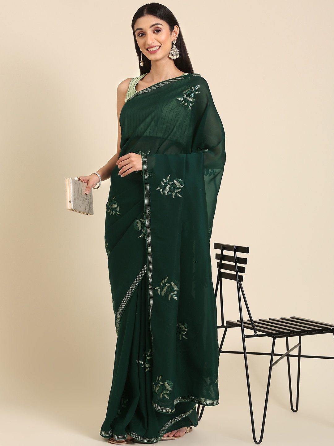 

Anouk Ethnic Motifs Embellished Stones-Studded Saree, Green