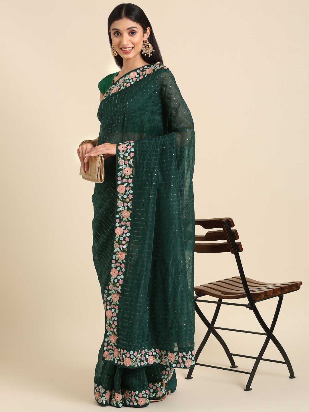 

Anouk Striped Sequinned Organza Saree, Green