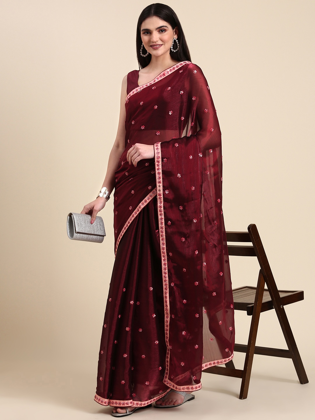 

Anouk Floral Sequinned Silk Blend Saree, Maroon