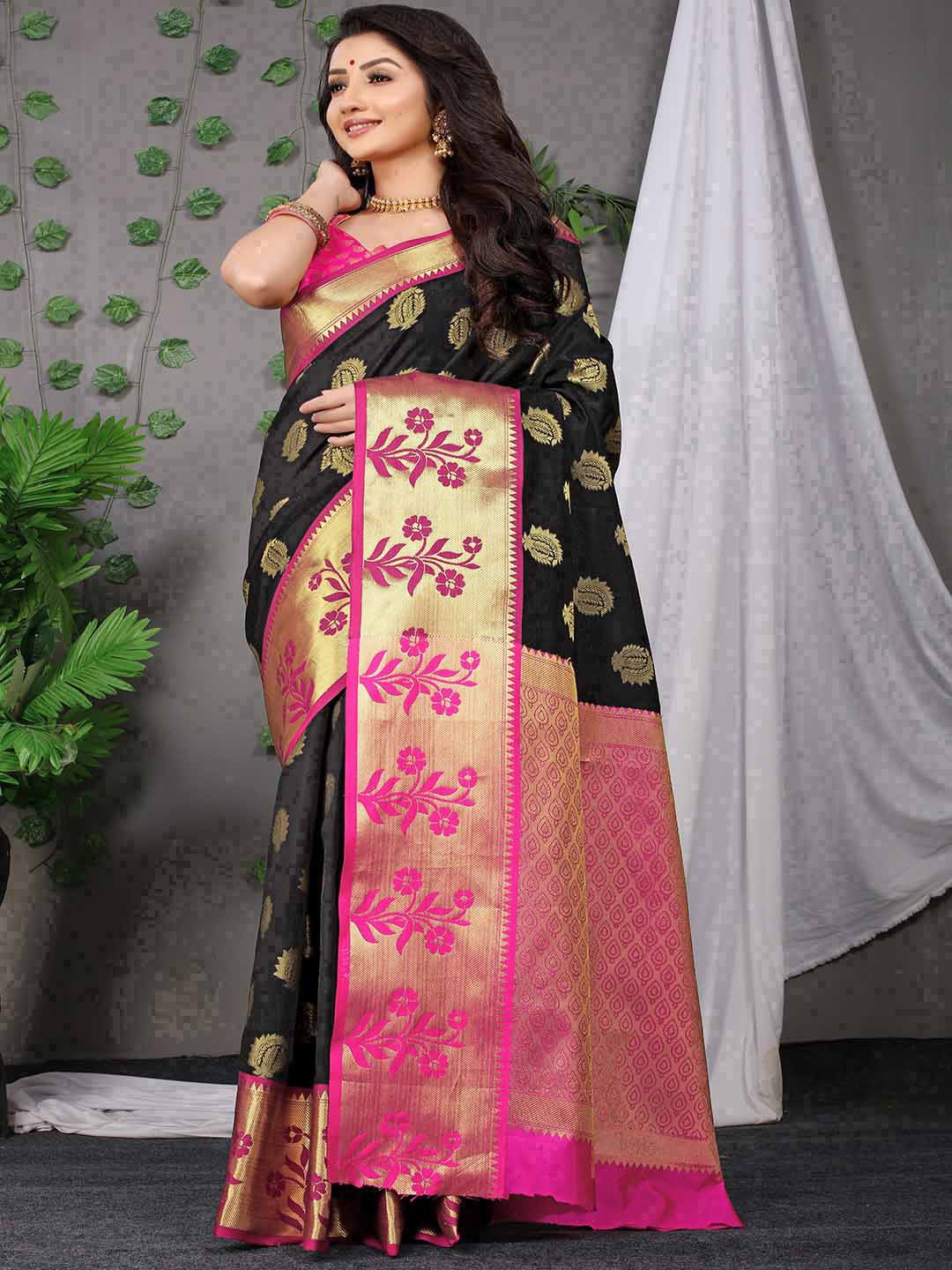 

Mitera Black & Pink Ethnic Motif Woven Design Zari Saree