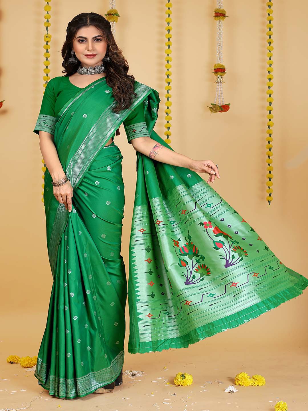 

Mitera Green & Red Woven Design Zari Art Silk Saree