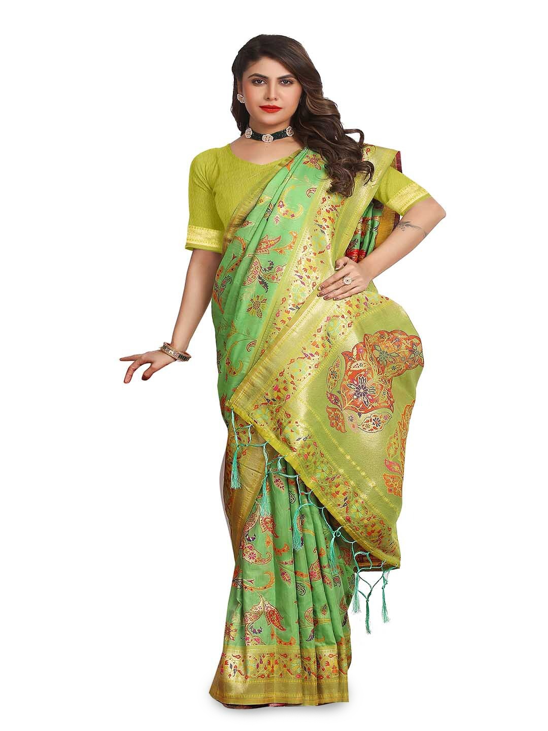 

Mitera Green & Orange Woven Design Zari Art Silk Saree