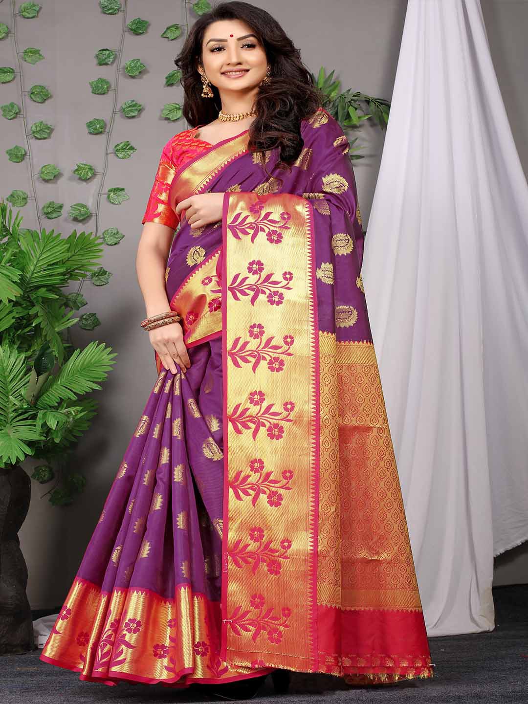

Mitera Purple & Red Ethnic Motif Woven Design Zari Saree
